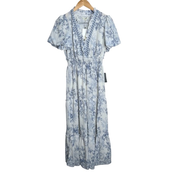 Max Studio Women's Blue White Short Sleeve Tiered Georgette Maxi Dress Sz Small - Picture 4 of 7